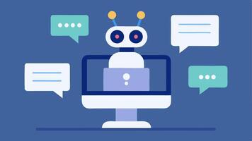 Chatbot Assistance An animated chatbot on a computer screen providing legal advice with speech bubbles displaying questions and answers related to legal queries.. vector