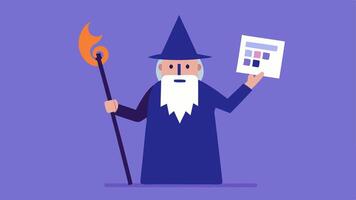 Wizard with a Wand A wizard character waving a magic wand labeled Fake News and transforming innocentlooking ballot papers into ones covered in dubious headlines.. vector