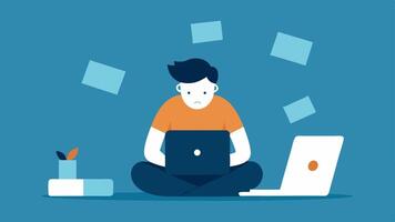 Individual at a Computer A lone individual sitting at a computer with a frustrated expression searching online for affordable health insurance options while surrounded by papers.. vector