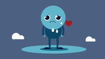 Heartbroken Expression A character stands with slumped shoulders and drooping limbs their face a mask of despair. Huge cartoonish tears roll down forming a puddle at their feet.. vector