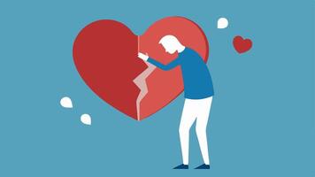 Cracked Heart A person holding a cracked heart with pieces falling off as they attempt to connect with others depicting the challenges of forming relationships with emotional s.. vector