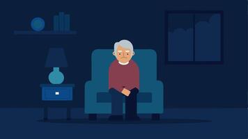 Lonely Elderly Individual An of an elderly person sitting alone in a chair with a sad expression indicating feelings of loneliness and isolation. Background elements. vector