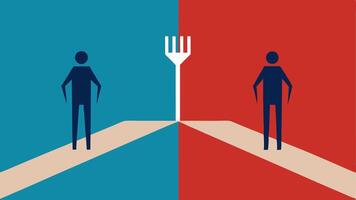 Two Roads Diverging A fork in the road with one path marked Left and the other Right. People standing at each path facing away from each other with signs showing contrasting. vector