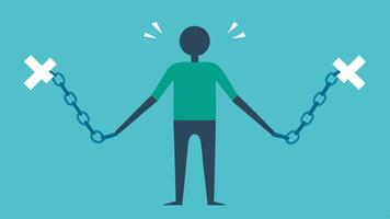 Breaking the Chains An individual stands confidently using a pair of broken chains as a symbol of liberation. Their posture is strong and they are smiling signifying freedom from. vector