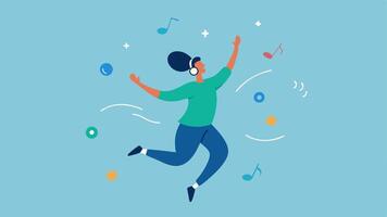 Euphoria Stream A person jumping joyfully with musical notes and serotonin symbols swirling around symbolizing the euphoric feelings associated with balanced serotonin levels.. vector