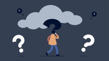 Cloud of Doubt A character walking under a dark cloud filled with question marks indicating the doubts created by manipulation in their mind.. vector