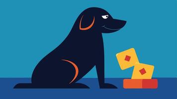 Illustration 2 A sleek black dog with a shiny coat leans forward its front paws resting on the table as it studies the cards in its grip. A friendly golden retriever beside it. vector