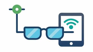 Connection to Smartphone Visual representation of the smart glasses connected to a smartphone via a wireless symbol illustrating compatibility with apps for additional features.. vector