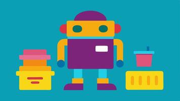 Laundry Assistant Robot A robot is sorting colorful laundry into baskets with clothes tered around it. It has a playful design adding a whimsical touch to the scene.. vector