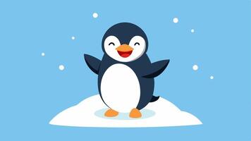 Snowy Celebration A delighted penguin standing on a small snowbank its head tilted back and mouth open in a hearty laugh. The penguins flippers are raised above its head and small. vector