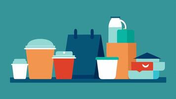 ToGo Containers An array of different takeout containers bags and cups lined up on a table with a person unable to clean up symbolizing the convenience and waste of takeout. vector