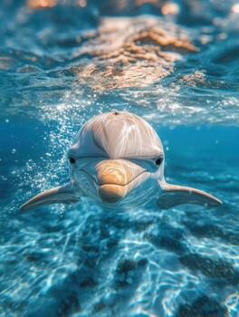 playful dolphin swims gracefully in clear blue water, showcasing its sleek body and friendly expression. sunlight creates shimmering effect on surface, enhancing serene underwater scene photo