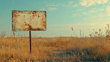 weathered sign stands alone in vast field of dry grass under clear blue sky, evoking sense of solitude and nostalgia. rusted metal frame and faded surface suggest long forgotten message photo