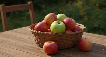 A Basket of Red and Green Apples on a Wooden Table Outdoors in Sunny Daytime photo