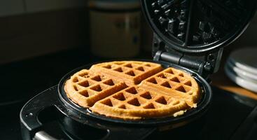 Golden Brown Waffle Freshly Made in a Waffle Iron A Delicious Breakfast Treat photo