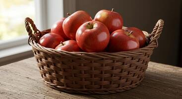 A Rustic Still Life Red Apples in a Woven Basket on Wooden Table near Window photo