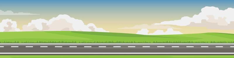 Banner background of horizontal or lanscape view of asphalt road. Background is a flat grassland and hills with white clouds and a calm evening sky. vector
