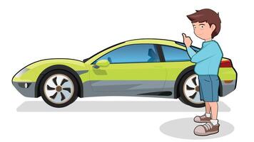Person standing a car standing next to a light green sports car. Pointing at the car with challenge. Focusing on the person and the car. isolated on white background. vector