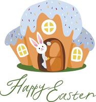 easter bunny and his house in the form of a cake vector