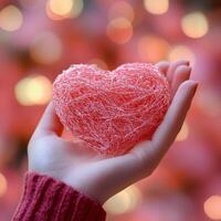 hand holds delicate heart shaped decoration made of pink thread, symbolizing love and warmth. soft bokeh background enhances emotional connection, creating cozy atmosphere photo