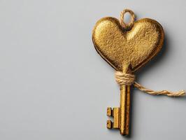 golden heart shaped key symbolizes love and connection, beautifully crafted with rustic twine. This unique design evokes feelings of warmth and affection, perfect for romantic themes photo