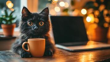 charming black cat with striking orange eyes sits on wooden table, curiously gazing at small orange cup. background features soft bokeh lights and laptop, creating cozy atmosphere photo
