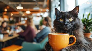 charming black cat with striking yellow eyes sits comfortably in cafe, holding orange coffee cup. background features blurred patrons enjoying their time, creating cozy atmosphere photo