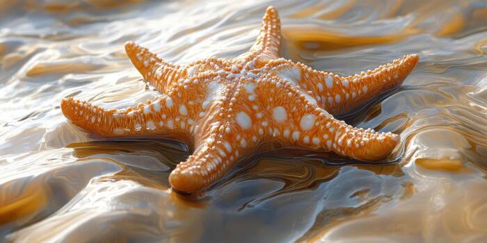 vibrant orange starfish rests on smooth, wavy surface, showcasing its unique texture and patterns. scene captures beauty of marine life, evoking sense of tranquility and wonder photo