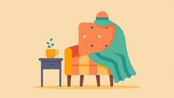 Comforting Blanket A cozy patterned blanket draped over a chair with a steaming cup of tea next to it representing warmth and comfort derived from fond recollections.. vector