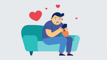 Fidgeting with the Phone Illustrate a character sitting on a couch with their legs crossed. They have their phone in one hand while the other hand is anxiously biting their nails.. vector
