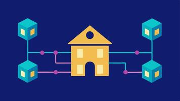 House and Blockchain Chain Links An illustration depicting a stylized house connected to a series of blockchain links representing the connection between real estate and blockchain. vector