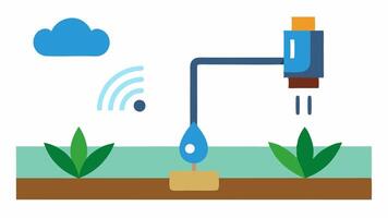 Irrigation Management Sensor Show a soil sensor connected to an irrigation system with water droplets shown being released into thirsty crops after detecting dry soil conditions.. vector