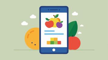 Meal Plan Generation An illustration of a smartphone displaying a personalized meal plan with visually appealing food icons like fruits vegetables and grains alongside calorie and. vector