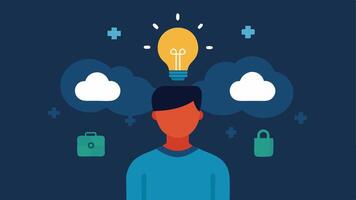 Lightbulb Over a Head A person with a lightbulb above their head filled with bright ideas and health facts while shadows behind depict dark cloud thoughts of misinformation.. vector