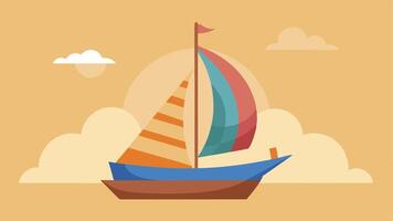 Fantasy Scene Illustrate a miniature wooden sailboat ly six feet long with oversized colorful sails flapping dramatically in a breeze. The sails are much larger than the boat. vector