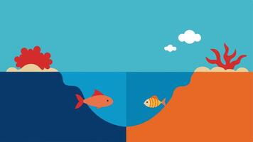 Marine Heatwaves A simplified ocean scene where one part illustrates a normal coral reef while another part shows corals bleached and fish seeking cooler areas.. vector