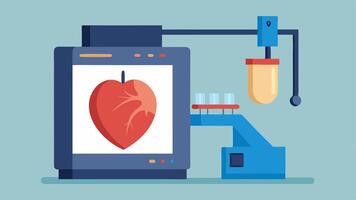 Heart Model Printing A 3D printer producing a detailed heart model with digital schematics visible on a screen beside it displaying anatomical features.. vector