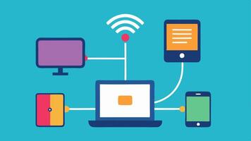 Multidevice Synchronization An illustration of various devices tablet smartphone laptop all connected wirelessly sharing personalized language learning content via AI.. vector