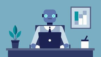 Office Encounter A sleek metallic robot sitting confidently at a modern desk typing on a computer with an efficient posture. The background features a few tered papers and an. vector