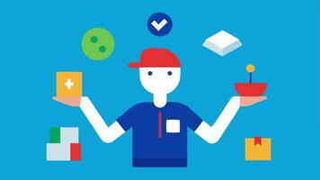 Juggling Tasks A gig worker is juggling various icons like a delivery box a laptop and a wrench the multiple jobs they handle simultaneously without proper support.. vector