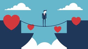 Bridge of Trust A leader standing on a bridge made of hearts connecting two cliffs labeled Fear and Trust illustrating the journey from vulnerability to building relationships.. vector