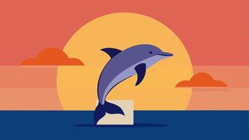 Sunset Delivery Adventure The dolphin jumps out of the water at sunset with a package elegantly balanced on its back. The rays of the setting sun reflect off its smooth skin. vector