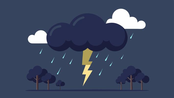 Lightning Storm An showing dark storm clouds illuminated by flashes of lightning with rain pouring down and trees bending in the wind..