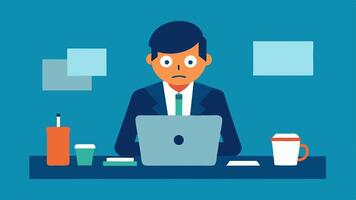 Job Seekers at a Computer A person sitting at a desk with a laptop open their expression showing concentration or worry surrounded by cled paper and coffee cups.. vector