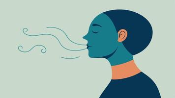 Breathing Techniques A side view of a person with a visible breath pattern showing inhaling and exhaling with soft lines depicting deep breathing as a strategy to manage anxiety.. vector