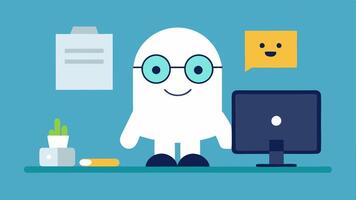 TechSavvy Spirit The ghost is sitting at a computer desk typing on a keyboard with an oversized monitor displaying a friendly emoji. The ghost with its hip glasses and a digital. vector