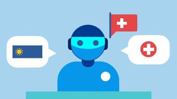 Multilingual Support A patient with a flag symbol next to their chatbot interface indicating they can receive health advice in different languages as part of the chatbots. vector