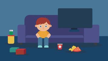 Home Alone with Screen A lonely child lying on a couch surrounded by tered snacks and empty drink containers fixated on a large television screen while no one else is home.. vector
