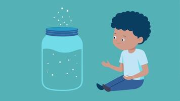 Calm Down Jar A clear jar filled with water and glitter. A child is shaking the jar and watching the glitter settle illustrating how to calm down and focus their mind.. vector