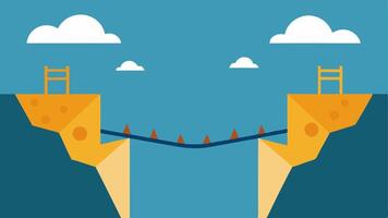 Bridge Illustration A dynamic bridge labeled Learning Opportunities being built to cross a river of challenges compared to a broken bridge labeled Fear of Failure that leads to a. vector